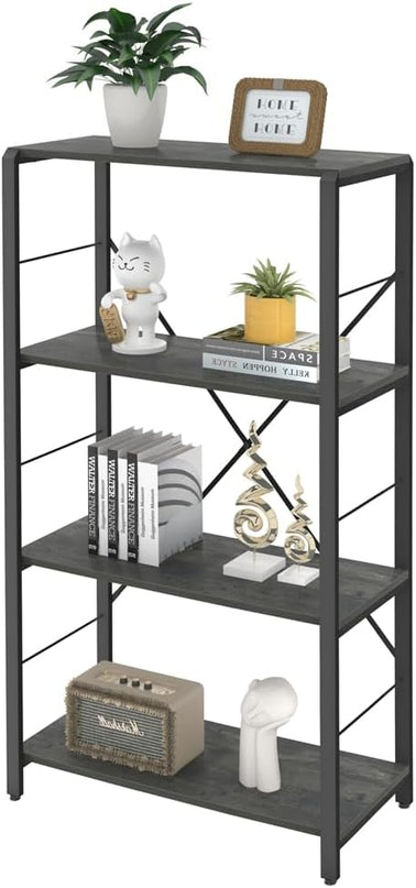 Bookshelf and Bookcase, Rustic Wood and Metal Book Shelves, Vintage 4-tier Shelving Unit for Living Room Bedroom, Grey - LeafyLoom