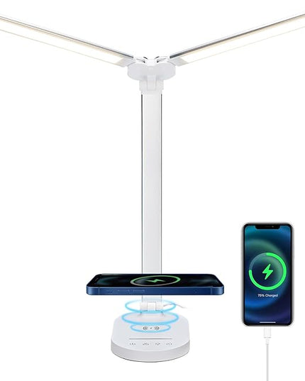 Lightess LED Desk Lamp with Wireless Charger, USB Charging Port - Dual Swing Arm Dimmable LED Desk Light with Night Light, Foldable Desk Lamp, Touch Control Table Lamp for College Dorm Room Bedroom - LeafyLoom