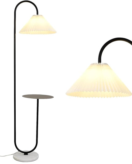 Modern Elegant with Tray Floor Lamp for Office Cafe Den Living Room Bedroom, Foot Switch and Black Paint, White Pleated Cloth Lampshade - LeafyLoom