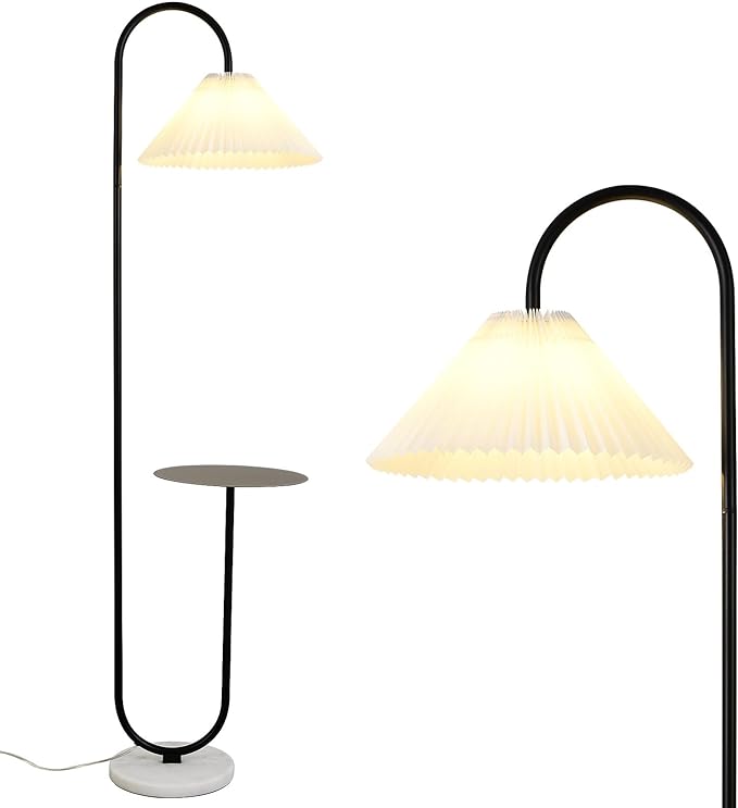 Modern Elegant with Tray Floor Lamp for Office Cafe Den Living Room Bedroom, Foot Switch and Black Paint, White Pleated Cloth Lampshade - LeafyLoom