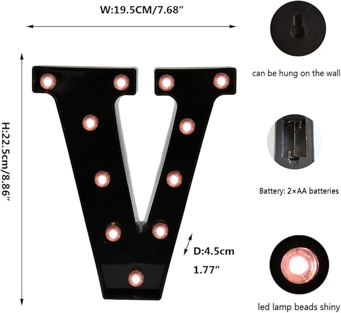 Light Up Black Alphabet Marquee Letters Sign LED Marquee Number Lights Sign for Night Light Home Bar Christmas Lamp Birthday Party Wedding Decoration V - LeafyLoom