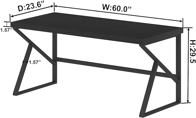 HSH Black Computer Desk, Long Home Office Laptop PC Desk, Large Industrial Metal Wood Executive Writing Gaming Workstation Desk, Modern Simple Student Study Work Table for Bedroom Living Room, 60 Inch - LeafyLoom