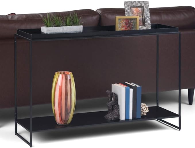 SIMPLIHOME Garner 47 inch Wide Metal Tray Top Console Sofa Entryway Table in Black, for the Living Room, Entryway and Bedroom - LeafyLoom