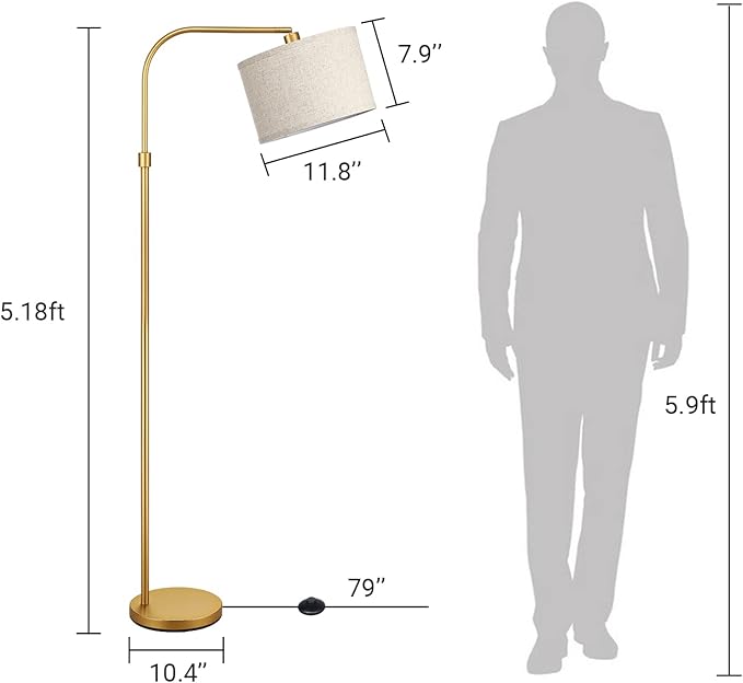 EDISHINE Arc Floor Lamp for Living Room, Modern Standing Lamp with Adjustable Drum Shade, Gold Reading Lamp Corner Light with Foot Switch for Bedroom, Office, Kids Room - LeafyLoom