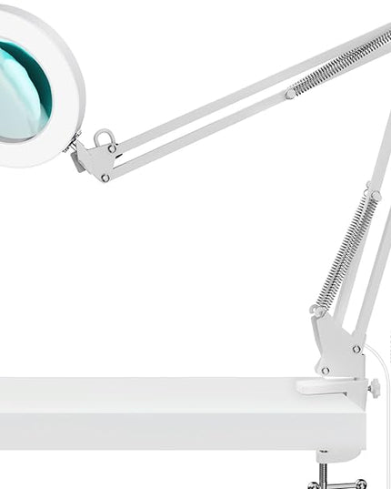 YOUKOYI LED Magnifying Lamp Metal Swing Arm Magnifier Lamp -10 Levels Brightness, 3 Color Modes, 5X Magnification, 4.1" Diameter Glass Lens, Adjustable Industrial Clamp for Reading/Office/Work (White) - LeafyLoom