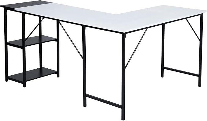 FurnitureR L-Shaped 58.3''Corner Computer Desk with Storage Shelf Long Gaming Desk for Home Office PC Workstation Saving Space Laptop Table (White and Black) - LeafyLoom