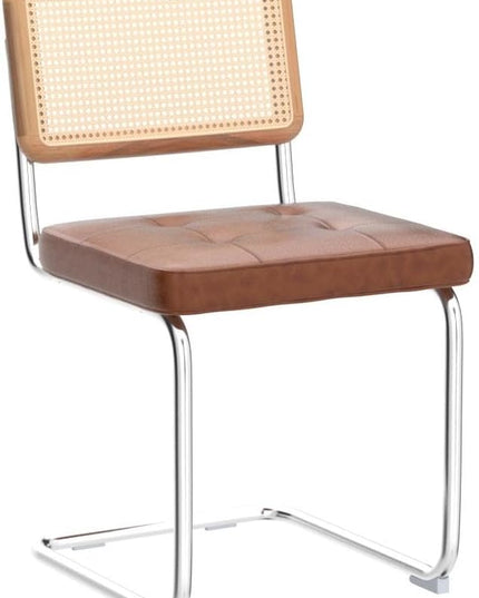 Zesthouse Mid-Century Modern Dining Chairs, Upholstered Tufted Faux Leather Accent Chairs Rattan Dining Chairs Set of 2, Armless Mesh Back Cane Chairs with Metal Chrome Legs, Brown - LeafyLoom