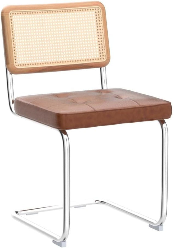 Zesthouse Mid-Century Modern Dining Chairs, Upholstered Tufted Faux Leather Accent Chairs Rattan Dining Chairs Set of 2, Armless Mesh Back Cane Chairs with Metal Chrome Legs, Brown - LeafyLoom