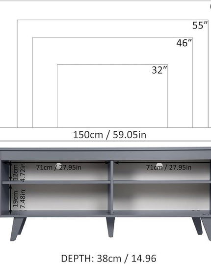 Madesa TV Stand with 4 Shelves and Cable Management, Entertainment Center for TVs up to 65 Inches, Wood, 23'' H x 15'' D x 59'' L – Grey - LeafyLoom