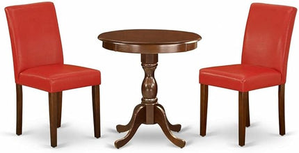 East West Furniture Eden 3 Piece Set Contains a Round Dining Room Table with Pedestal and 2 FireBrick Red Faux Leather Upholstered Parson Chairs, 30x30 Inch, ESAB3-MAH-72 - LeafyLoom