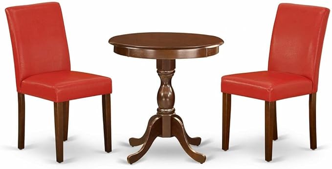 East West Furniture Eden 3 Piece Set Contains a Round Dining Room Table with Pedestal and 2 FireBrick Red Faux Leather Upholstered Parson Chairs, 30x30 Inch, ESAB3-MAH-72 - LeafyLoom
