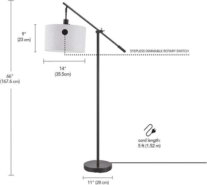 Globe Electric 67525 Avellino 66" Floor Lamp, Matte Black, White Linen Shade, Stepless Rotary Dimmer Switch on Socket - LeafyLoom