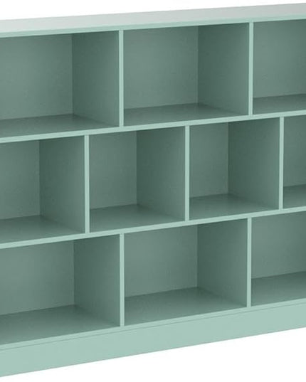 IOTXY Open Shelf Low Bookcase - Wooden 3-Tier Floor Standing Display Cabinet Organizer with Base, 10 Cubes Short Horizontal Bookshelf in Tiffany-Green - LeafyLoom