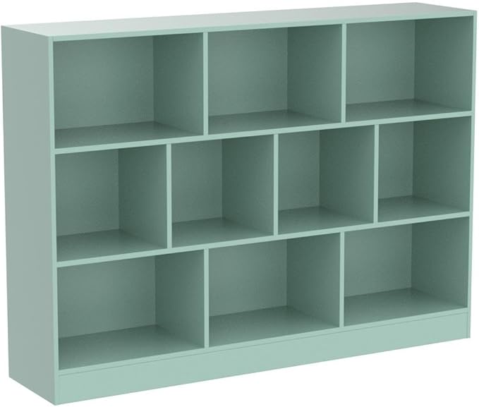 IOTXY Open Shelf Low Bookcase - Wooden 3-Tier Floor Standing Display Cabinet Organizer with Base, 10 Cubes Short Horizontal Bookshelf in Tiffany-Green - LeafyLoom