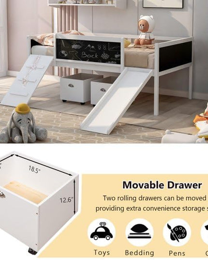 Bellemave Twin Size Wooden Low Loft Bed Frame with Two Storage Boxes,Kids Loft Bed with Slide and Climbing Frame for Boys & Girls,White - LeafyLoom