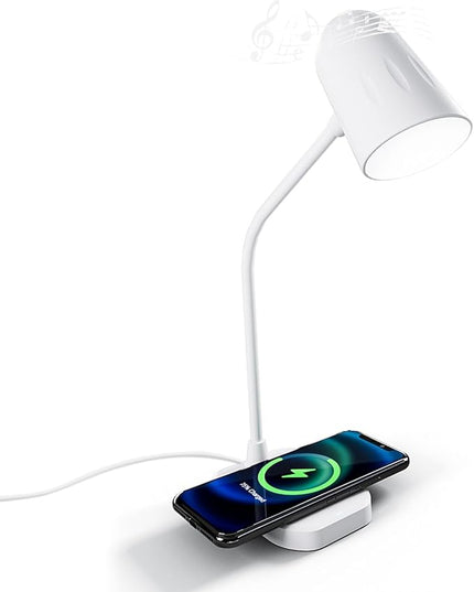 M2 Modern Desk Lamp with 10W Wireless Charging, Bluetooth Speaker, Adjustable Multi-Angle Illumination, 3 Light Color Modes, Dimmable Brightness - Perfect for Office Desk or Bedroom Nightstand(White) - LeafyLoom