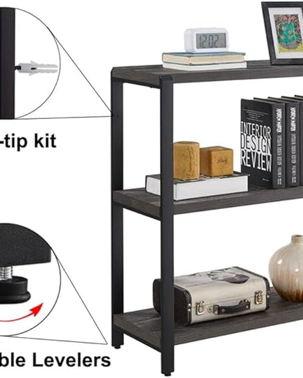 Bookshelf and Bookcase, 3 Tier Vintage Shelf for Office, Rustic Wood and Metal Book Shelves, Grey - LeafyLoom