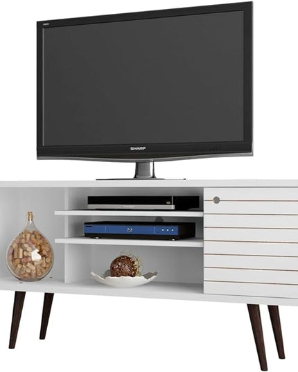 Manhattan Comfort Liberty Mid Century Modern TV Stand for Televisions up to 50 Inches, Bedroom and Living Room Entertainment Center with Storage, Shelves, and Cabinet, 53" Wide, White - LeafyLoom