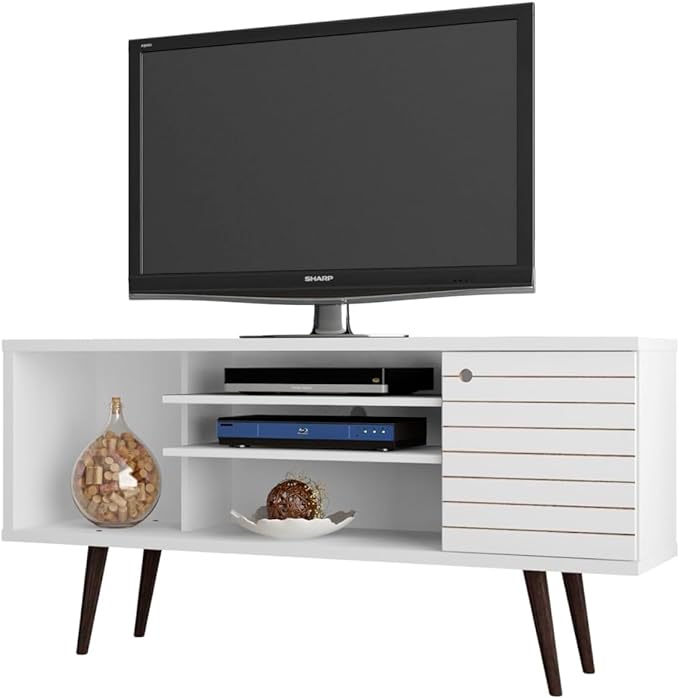 Manhattan Comfort Liberty Mid Century Modern TV Stand for Televisions up to 50 Inches, Bedroom and Living Room Entertainment Center with Storage, Shelves, and Cabinet, 53" Wide, White - LeafyLoom