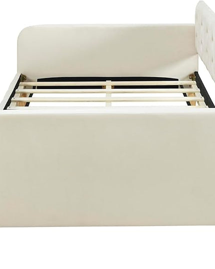 Twin Size Velvet Upholstered Dayed with 4 Support Legs,Multifunction Solid Wood Bed Frame,W/Backrest and Armrests,No Box Spring Needed,for Living Room Dormitory Apartment,White - LeafyLoom