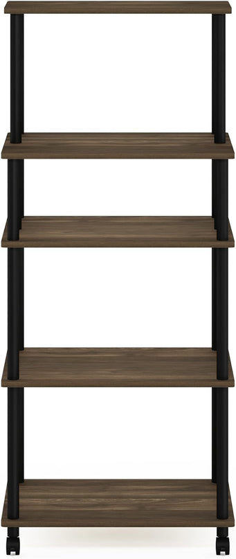 Furinno Turn-N-Tube 5-Tier Toolless Kitchen Storage Cart with Lockable Wheels, Columbia Walnut/Black - LeafyLoom