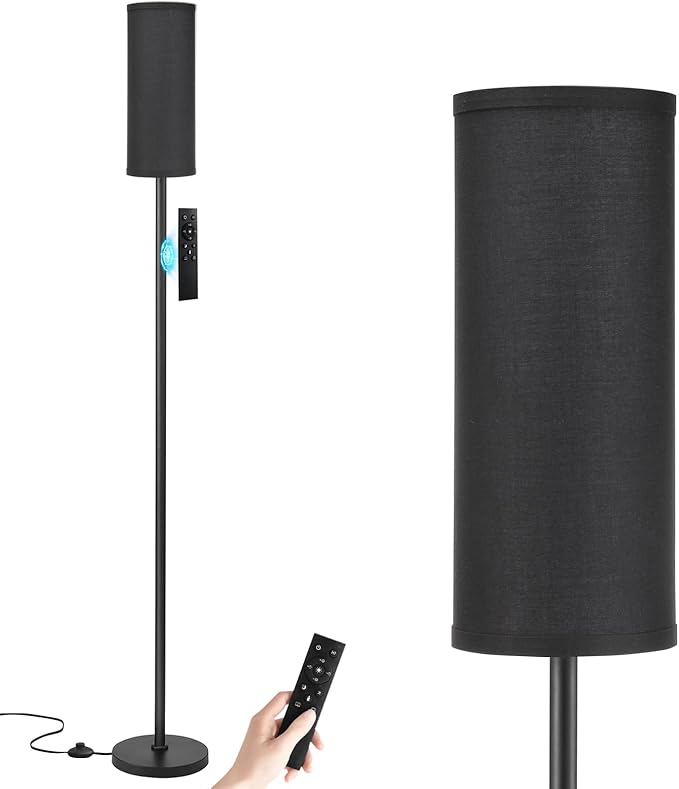 Ambimall 64'' Floor Lamps for Living Room with Remote Control and Stepless Dimmable Colors Temperature & Brightness, 9W Bulb Included(Black Lampshade & Black Pole) - LeafyLoom