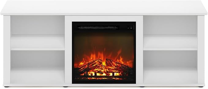 Furinno Classic 60 Inch TV Stand with Fireplace, Solid White - LeafyLoom