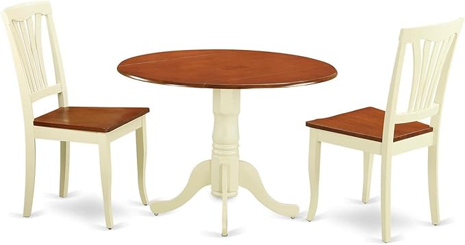 East West Furniture DLAV3-BMK-W 3 Piece Dining Table Set for Small Spaces Contains a Round Dining Room Table with Dropleaf and 2 Wooden Seat Chairs, 42x42 Inch, Buttermilk & Cherry - LeafyLoom
