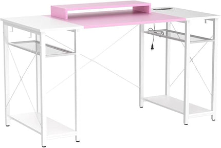 armocity Computer Desk with LED Lights, 55 Inch Desk with Power Outlet and USB, Reversible Large Desk with Moveable Monitor Stand, 55.2'' Gaming PC Table for Home Office, Workstation, Pink and White - LeafyLoom