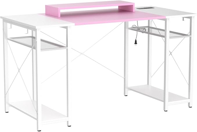 armocity Computer Desk with LED Lights, 55 Inch Desk with Power Outlet and USB, Reversible Large Desk with Moveable Monitor Stand, 55.2'' Gaming PC Table for Home Office, Workstation, Pink and White - LeafyLoom