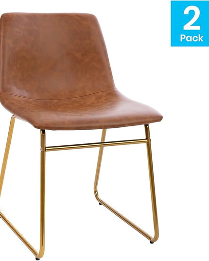 Flash Furniture Butler 18 Inch Commercial Grade LeatherSoft Dining Table Height Chair, Mid-Back Gold Sled Base with Light Brown LeatherSoft Upholstery, Set of 2 - LeafyLoom