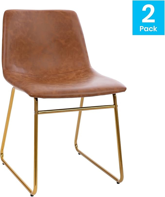 Flash Furniture Butler 18 Inch Commercial Grade LeatherSoft Dining Table Height Chair, Mid-Back Gold Sled Base with Light Brown LeatherSoft Upholstery, Set of 2 - LeafyLoom