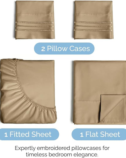 Cal King Size 4 Piece Sheet Set - Comfy Breathable & Cooling Sheets - Hotel Luxury Bed Sheets for Women & Men - Deep Pockets, Easy-Fit, Extra Soft & Wrinkle Free Sheets - Beige Oeko-Tex Bed Sheet Set - LeafyLoom