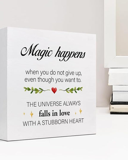 Inspirational Wood Sign,Magic Happens When You Do not Give Up Wood Block Sign Desk Decor,Motivational Sign Wooden Box Plaque Sign for Home College Office Shelf Table Decor Decorations - LeafyLoom