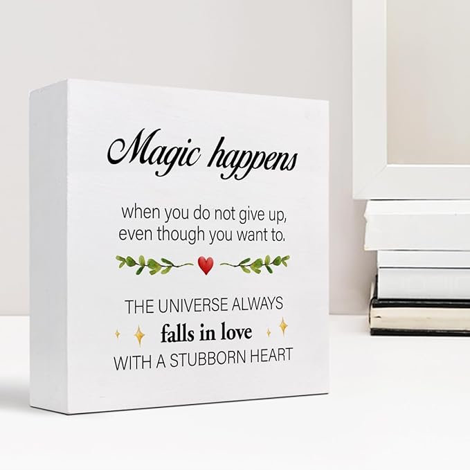 Inspirational Wood Sign,Magic Happens When You Do not Give Up Wood Block Sign Desk Decor,Motivational Sign Wooden Box Plaque Sign for Home College Office Shelf Table Decor Decorations - LeafyLoom