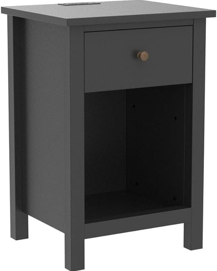 ChooChoo Nightstand with Charging Station, Wooden Top Bedside Table with Drawer and Storage Space for Bedroom, Black - LeafyLoom