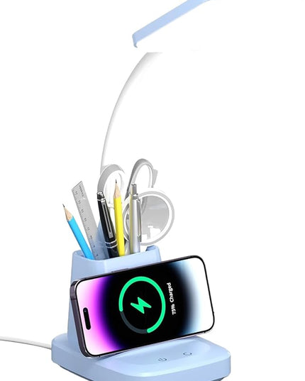 LED Desk Lamp for Home Office, Touch Table Lamp with Wireless Charger 3 Color Modes 360 Adjustable Arm, Dimmable Desk Light with Pen Phone Holder for College Dorm Room, Blue - LeafyLoom
