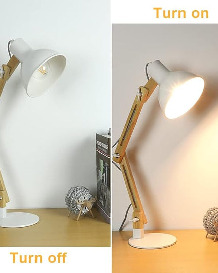 DINGLILIGHTING DLLT Swing Arm Desk Lamp, Wood Adjustable Gooseneck Table Lamp, Modern Architect Desk Light, Reading Light for Work, Study, Bedroom, Home Office, White Metal Shade, E26 Bulb Included - LeafyLoom