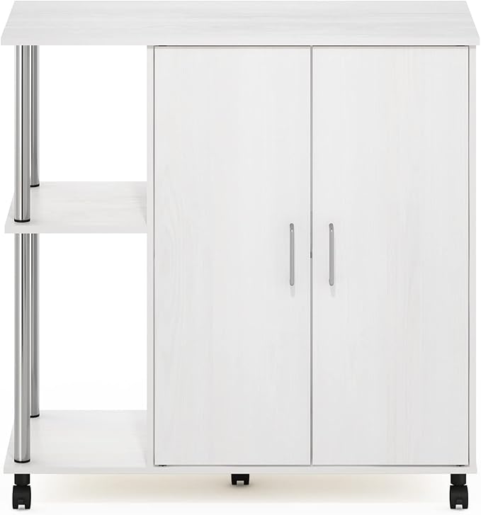 Furinno Helena Utility Kitchen Island and Storage Cart on Wheels, 3-Tier, Stainless Steel Tubes, White Oak/Chrome - LeafyLoom