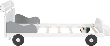 Twin Size Car-Shaped Platform Bed with 2 Storage Shelf,Kids Cars Beds W/Wheels,Slats Support,Saving Space,Easy Assembly,Wood Car Bedframe for Boys Toddlers Teens Bedroom,White - LeafyLoom