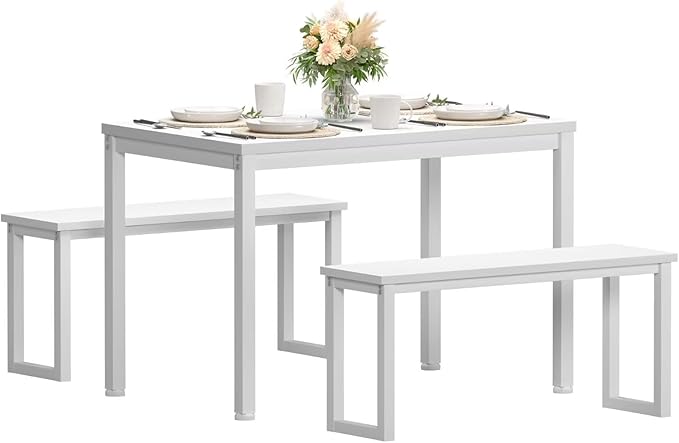SDHYL Dining Table Set, 45in Dining Table Sets with 2 Benches, Dining Room Table Set for 3, Small Rectangular Wood Dining Table with 2 Bench Chairs/3 Piece Set for Home, Kitchen, Dining Room, White - LeafyLoom