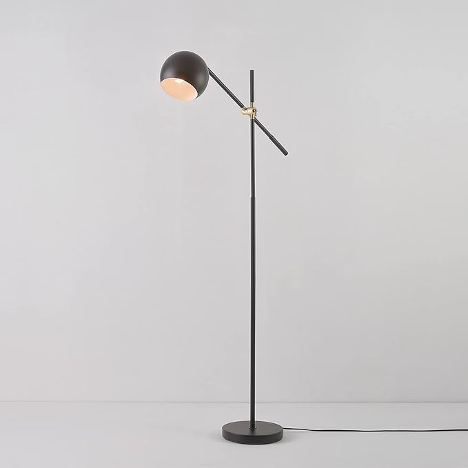 Globe Electric 65911 60" Floor Lamp, Matte Black, Brass Pivot, Matte Black Shade, in-Line On/Off Foot Switch - LeafyLoom