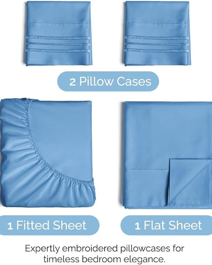 Queen Size 4 Piece Sheet Set - Comfy Breathable & Cooling Sheets - Hotel Luxury Bed Sheets for Women & Men - Deep Pockets, Easy-Fit, Soft & Wrinkle Free Sheets - Denim Blue Oeko-Tex Bed Sheet Set - LeafyLoom