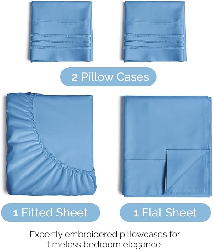 Queen Size 4 Piece Sheet Set - Comfy Breathable & Cooling Sheets - Hotel Luxury Bed Sheets for Women & Men - Deep Pockets, Easy-Fit, Soft & Wrinkle Free Sheets - Denim Blue Oeko-Tex Bed Sheet Set - LeafyLoom