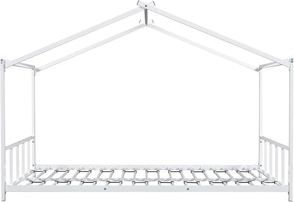 Full Size Montessori Floor Bed with Roof Design for Kids Bedroom,House Bedframe for Small Space,Easy Assembly & No Box Spring Needed, White - LeafyLoom
