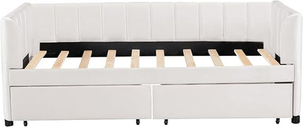 Modern Twin Size Upholstered Daybed Frame with Storage Drawers, Elegant Velvet Fabric Sofa Bed with Ergonomic Design Backrest and Armrests, No Box Spring Needed, Beige - LeafyLoom