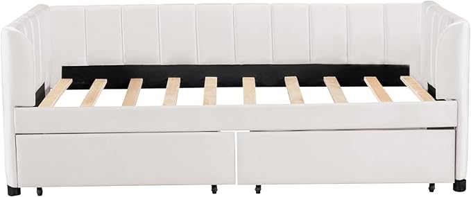 Modern Twin Size Upholstered Daybed Frame with Storage Drawers, Elegant Velvet Fabric Sofa Bed with Ergonomic Design Backrest and Armrests, No Box Spring Needed, Beige - LeafyLoom