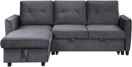 RITSU L Shape Convertible Sectional Sofa with Storage chaise and Pull out Bed, Upholstered Backrest, Velvet Reversible Corner 3 Seater couch for Living Room, Apartment, Dark Gray, 83inch - LeafyLoom