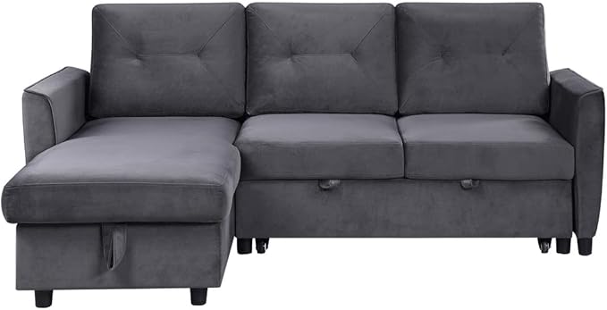 RITSU L Shape Convertible Sectional Sofa with Storage chaise and Pull out Bed, Upholstered Backrest, Velvet Reversible Corner 3 Seater couch for Living Room, Apartment, Dark Gray, 83inch - LeafyLoom