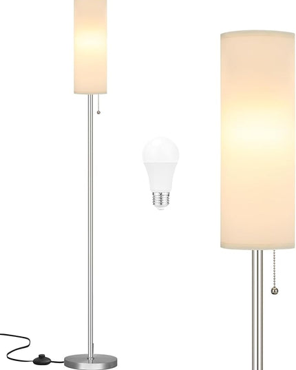 Ambimall Floor Lamp for Living Room with 3 Color Temperatures Bulb, 64" Standing lamp with Linen lampshade for Bedroom, Minimalist Pole Lamp, White Shade & Silver Pole - LeafyLoom